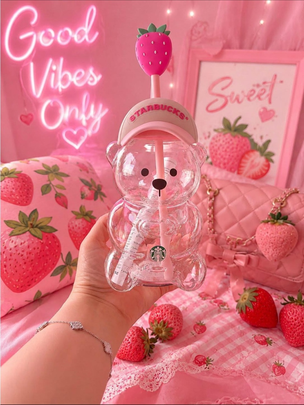 Starbucks Clear Bear Tumbler with Pink Straw and Strawberry Topper and Kate bogo